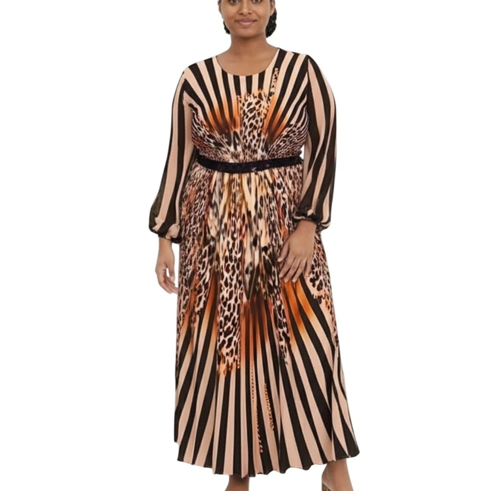 Terramina Collection New York Leopard Striped Maxi Dress Gold Studded Size 14